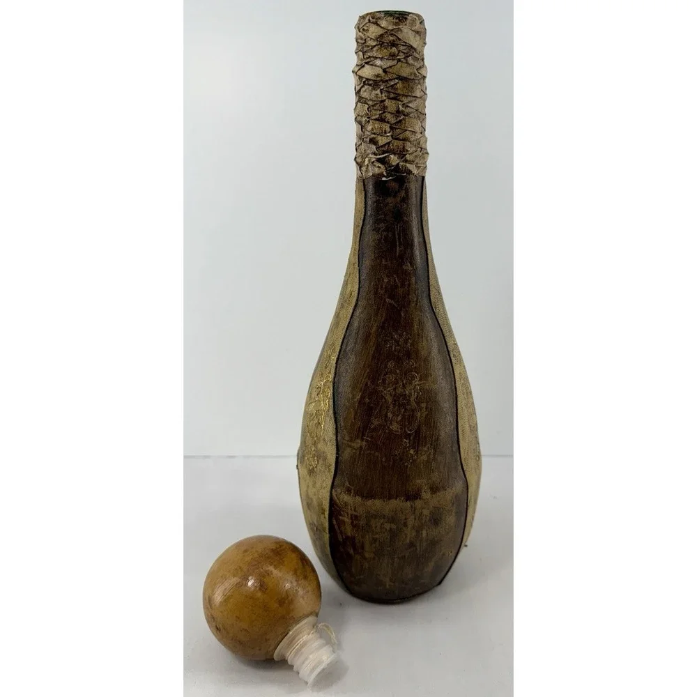 Vintage Italian Leather Covered‎ Bottle w Stopper Handcrafted Art Decor 13
